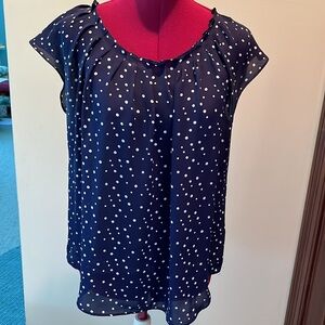 LC Lauren Conrad  EUC worn once  Blouse Blue/white dots    pleated neck   Size L